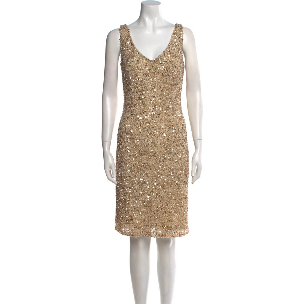 Theia Dress Womens 8 Gold Sequin Sleeveless V Neck Sheath Cocktail Party